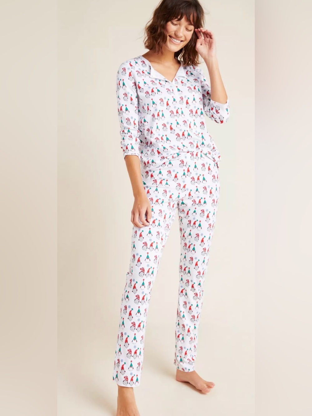 Roller Rabbit Gnomes Sleep Set 100% cotton pajamas size L white holiday print